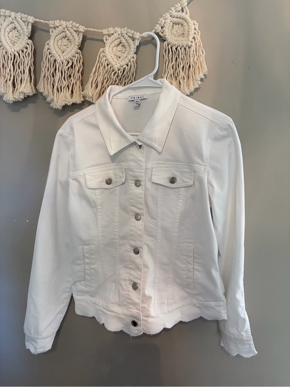 Tribal White Jean Jacket with Scalloped Hem